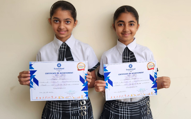 Mihika and Myra Bhaya from Grade 6E won first prize in the Junk to Funk competition at Euro School.