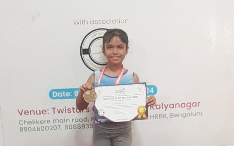 Aleesha Sheetal from Grade 2E has achieved remarkable success by securing 1st place and a Gold medal in the Gymnastics Under-8 Category at the Inter School - Inter Club 