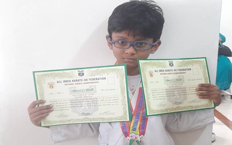 Krithik Abhinav D of Grade 2C achieved remarkable success at the 32nd National Karate Championship. 