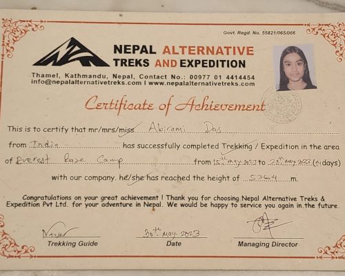 Abirami EBC Trek Certificate